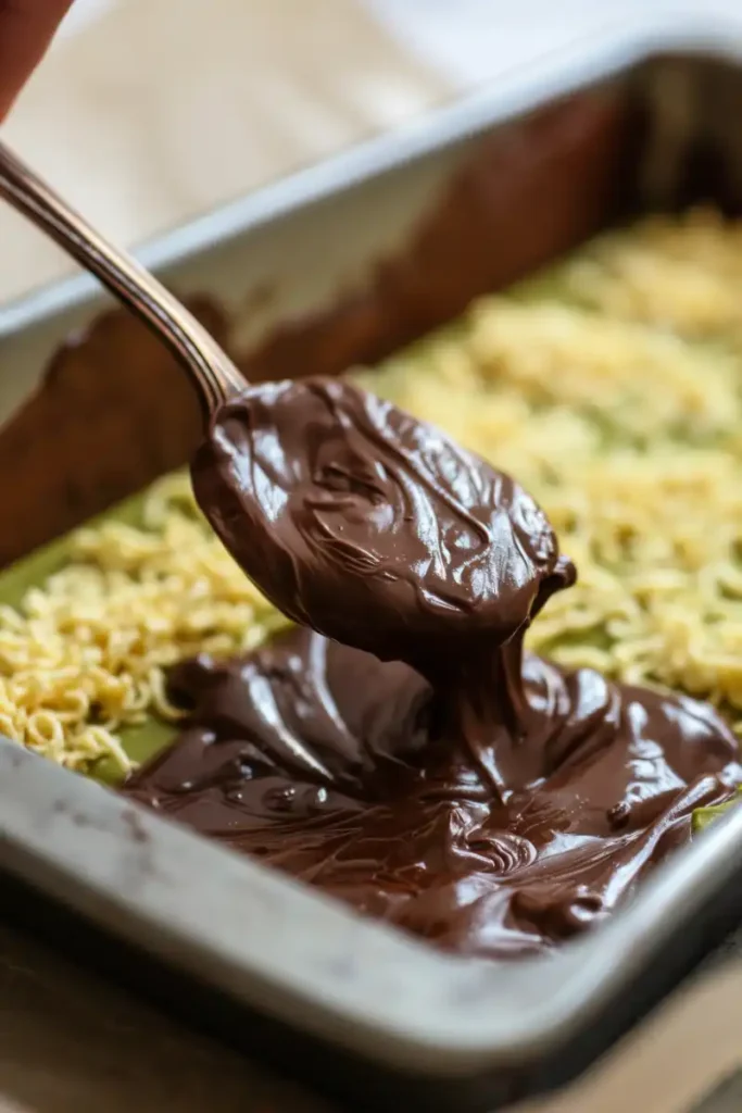 Filling chocolate mold with pistachio kataifi mix

