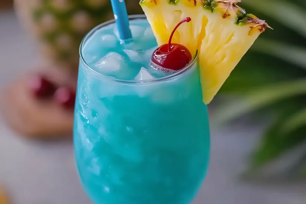 blue hawaii mocktail in a tropical