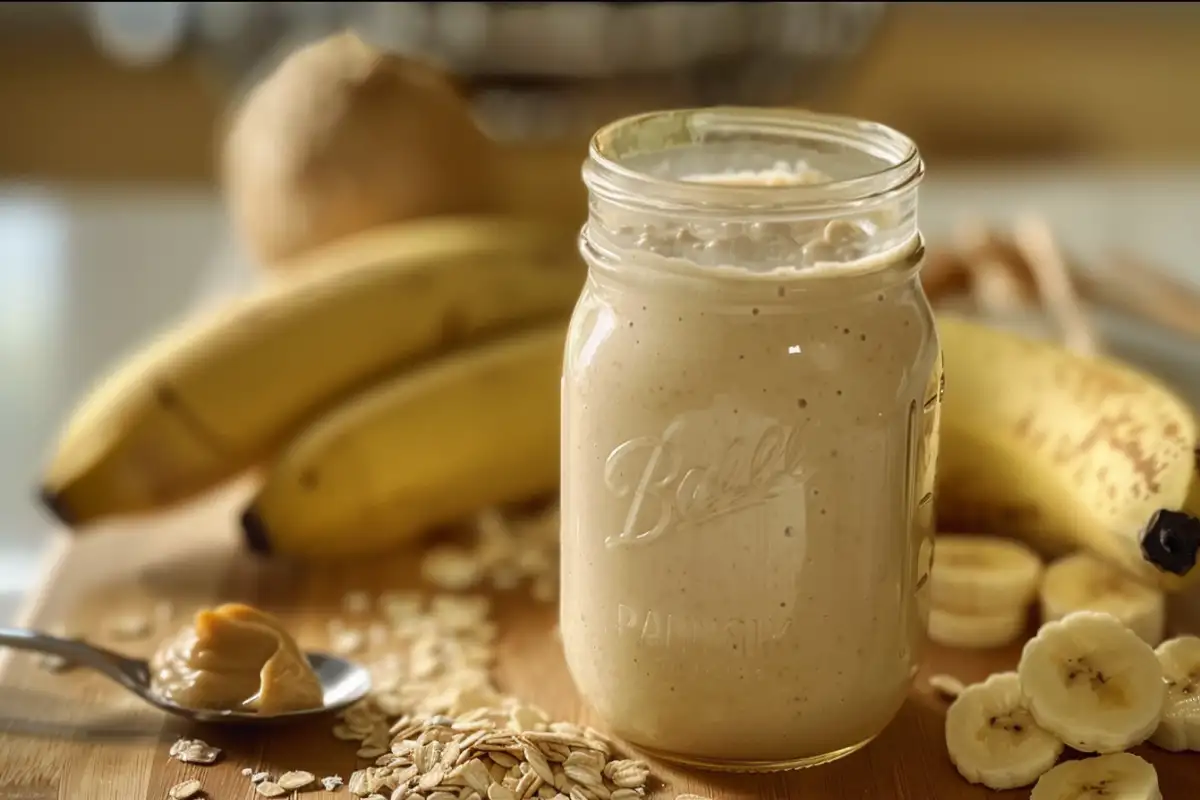 banana oatmeal smoothie in a mason jar with oats and banana