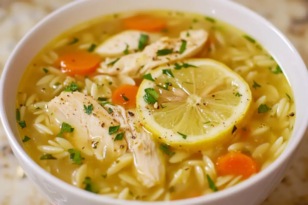 Lemon Chicken Orzo Soup IN A white boll