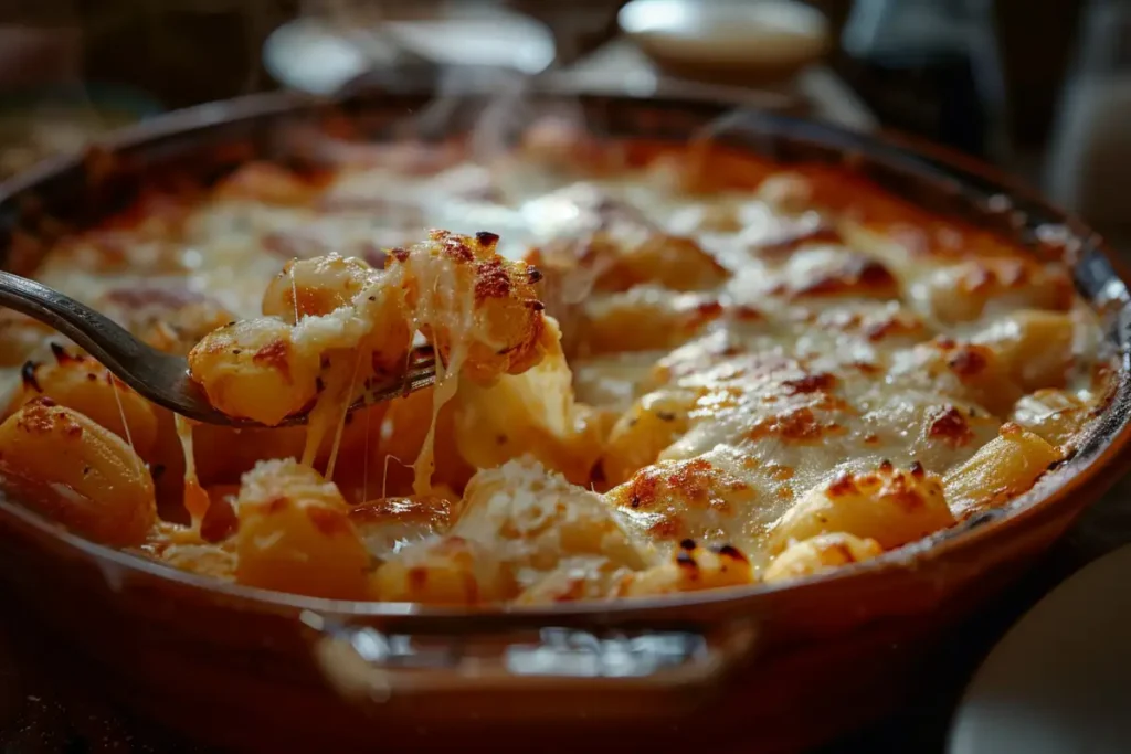 An overhead shot of gnocchi alla sorrentina in a skillet sitting on a wooden surface