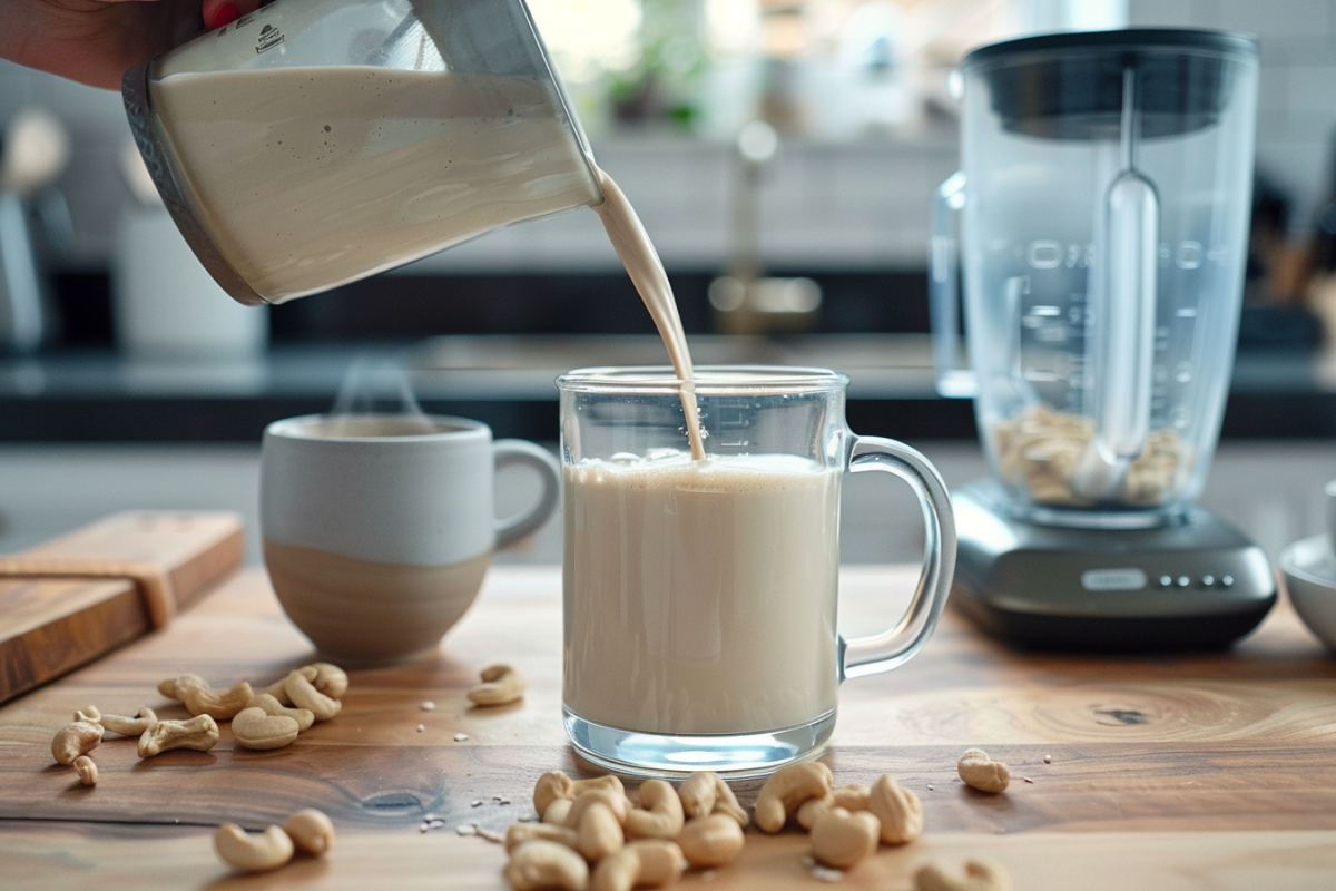 Cashew Milk Recipe 5 how to make cashew milk pouring into coffee