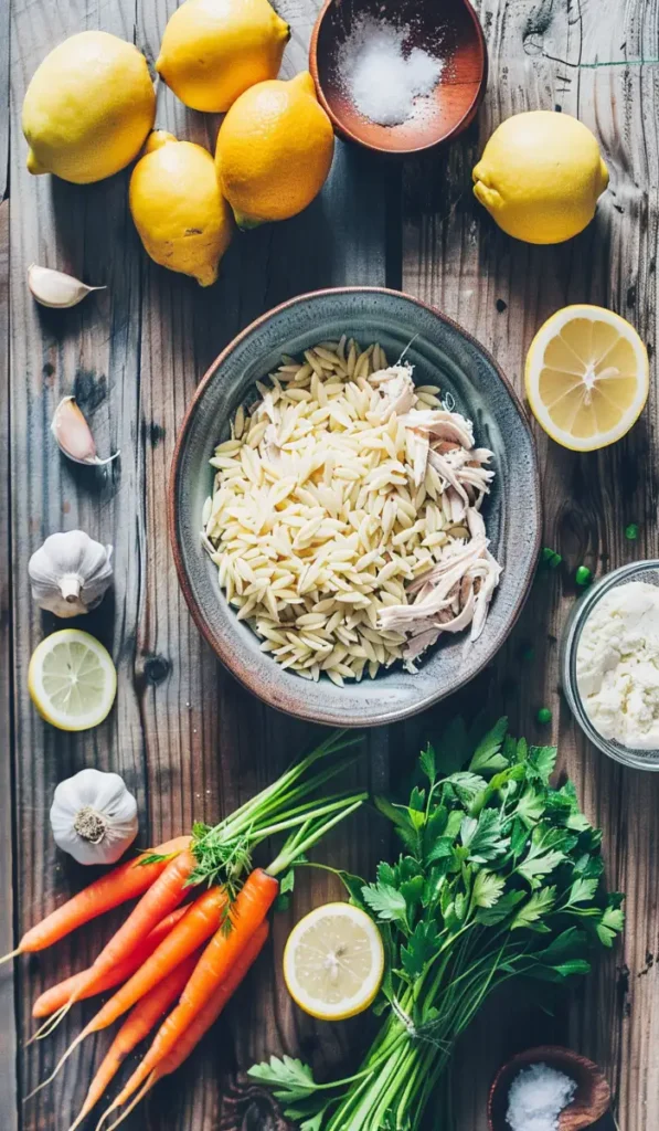lemon chicken orzo soup ingredients laid out flat