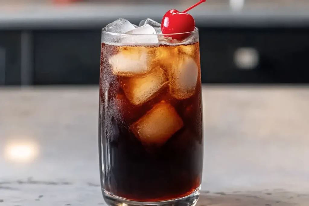 Roy Rogers Drink with cola, grenadine, and cherry in vintage glass