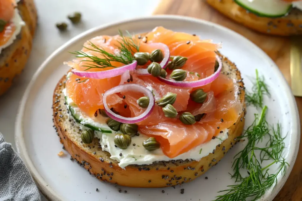 Bagel and salmon on white plate