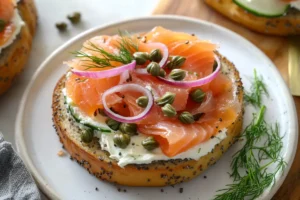 Bagel and salmon on white plate
