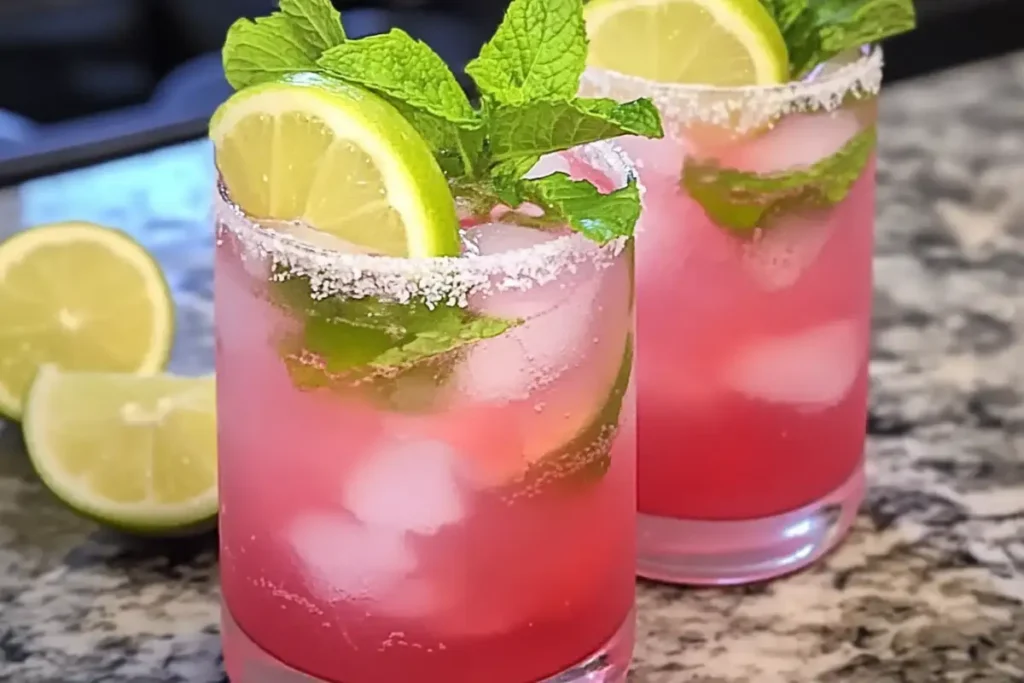 Pink coconut mojito with tropical garnish
