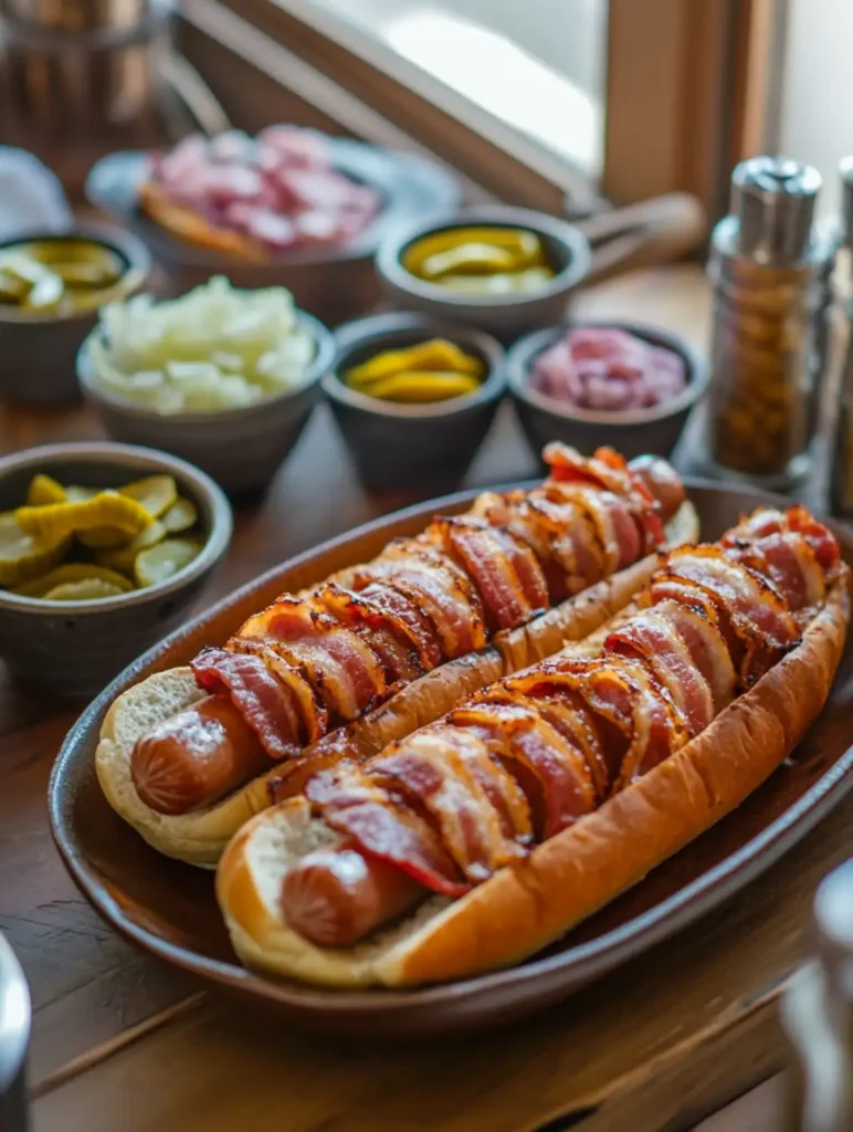 Finished bacon wrapped hot dogs with toppings and chips