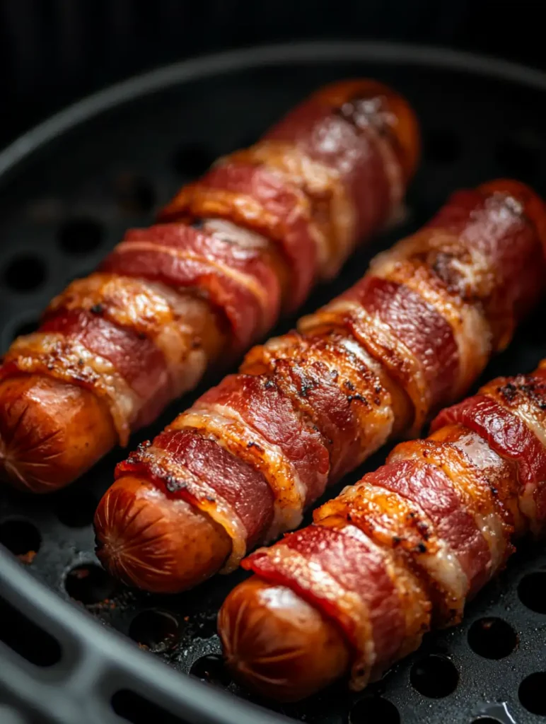 Bacon wrapped hot dogs in air fryer basket after cooking