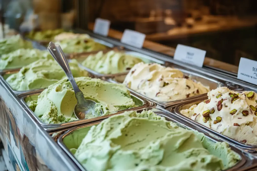 Gelato pistachio recipe displayed in an Italian gelateria.