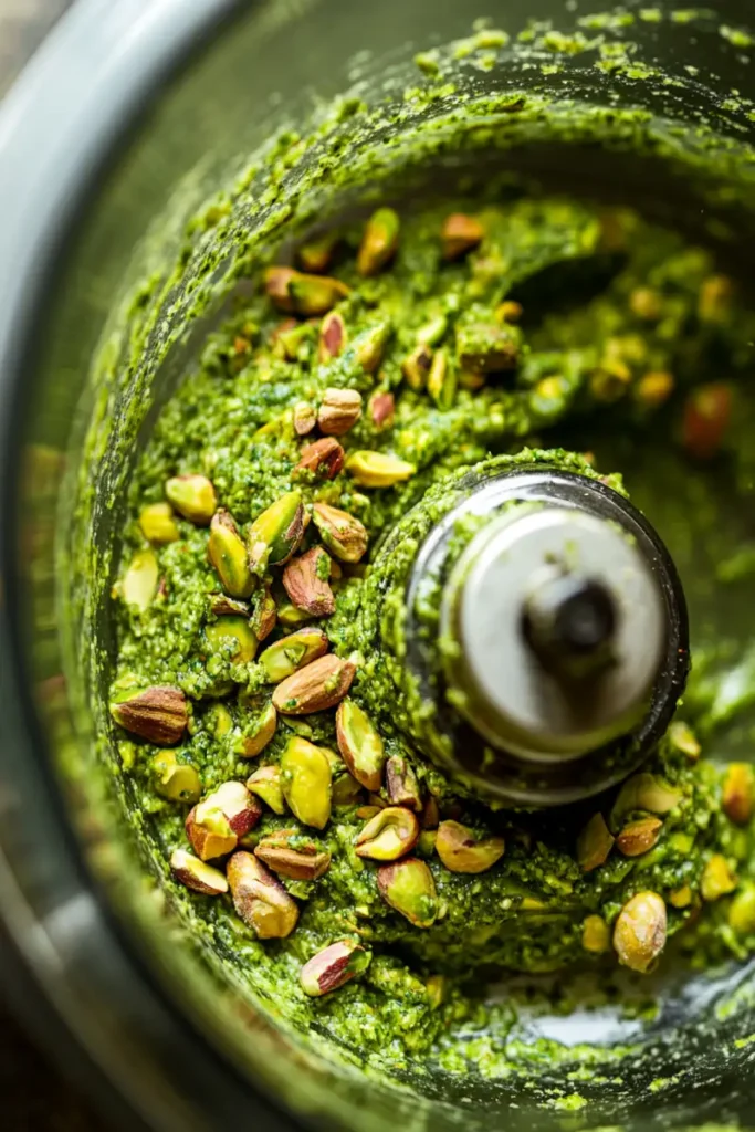 Blending pistachios to make pistachio gelato.