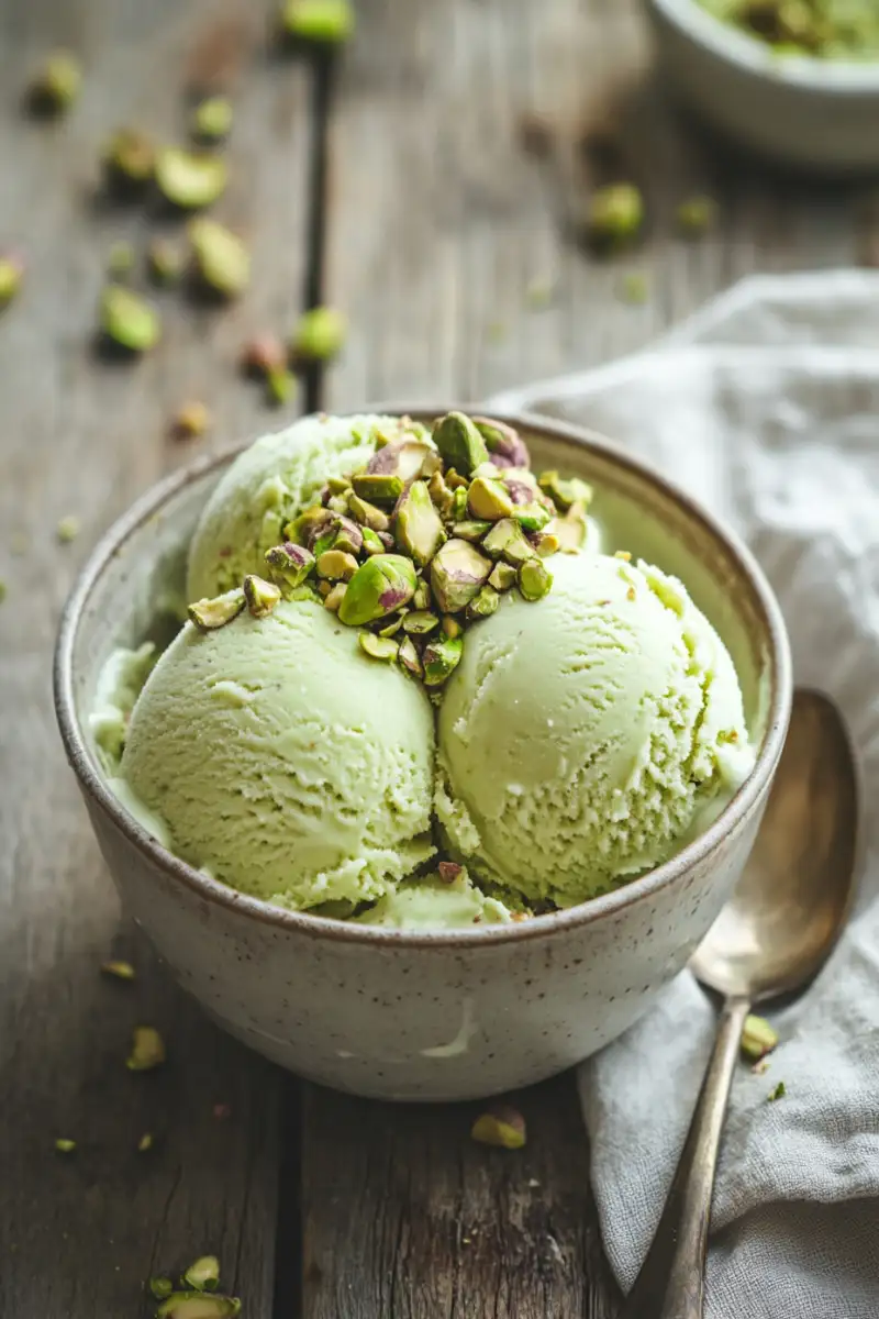 A bowl of homemade pistachio gelato served with crushed pistachios.