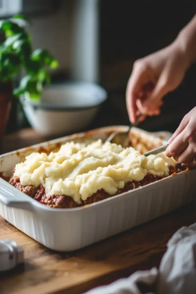 Easy Meatloaf and Mashed Potato Casserole 2 Layering mashed potatoes over a meatloaf base in a casserole dish