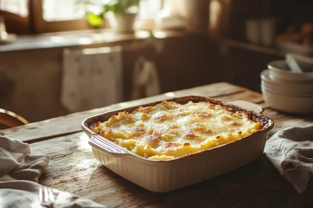 Meatloaf and mashed potato casserole in a cozy farmhouse kitchen
