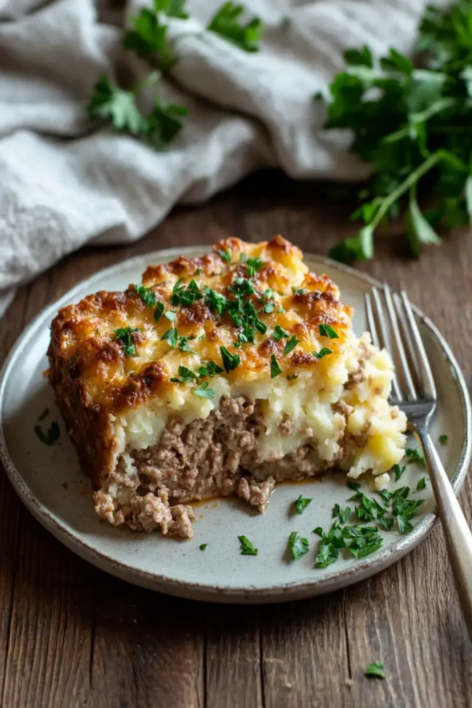 Easy Meatloaf and Mashed Potato Casserole 1 plated meatloaf mashed potato casserole