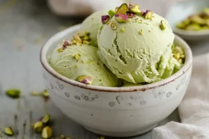 A bowl of homemade pistachio gelato served with crushed pistachios.